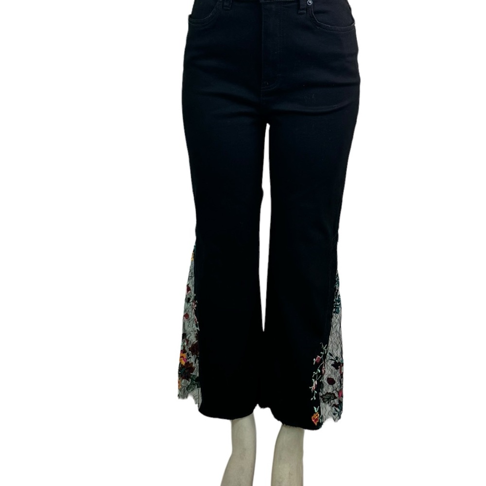 Black Flared Jeans pants with Floral embroidered Lace Accents